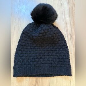 Portolano Black Knit Beanie with Real Rabbit Fur Pom